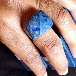 Multifaceted Hand Carved Lapis Lazuli Chunky  Stainless Steel Ring 40ctw
